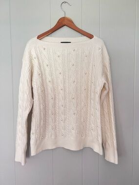 Ann Taylor Cream Cable-Knit Sweater Pearl Embellishments Polished Preppy L